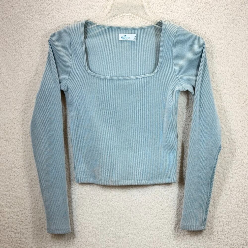 Hollister Ribbed Knit Crop Top Long Sleeve Women M Green Scoop Neck Slim Fit Y2K - Picture 3 of 10